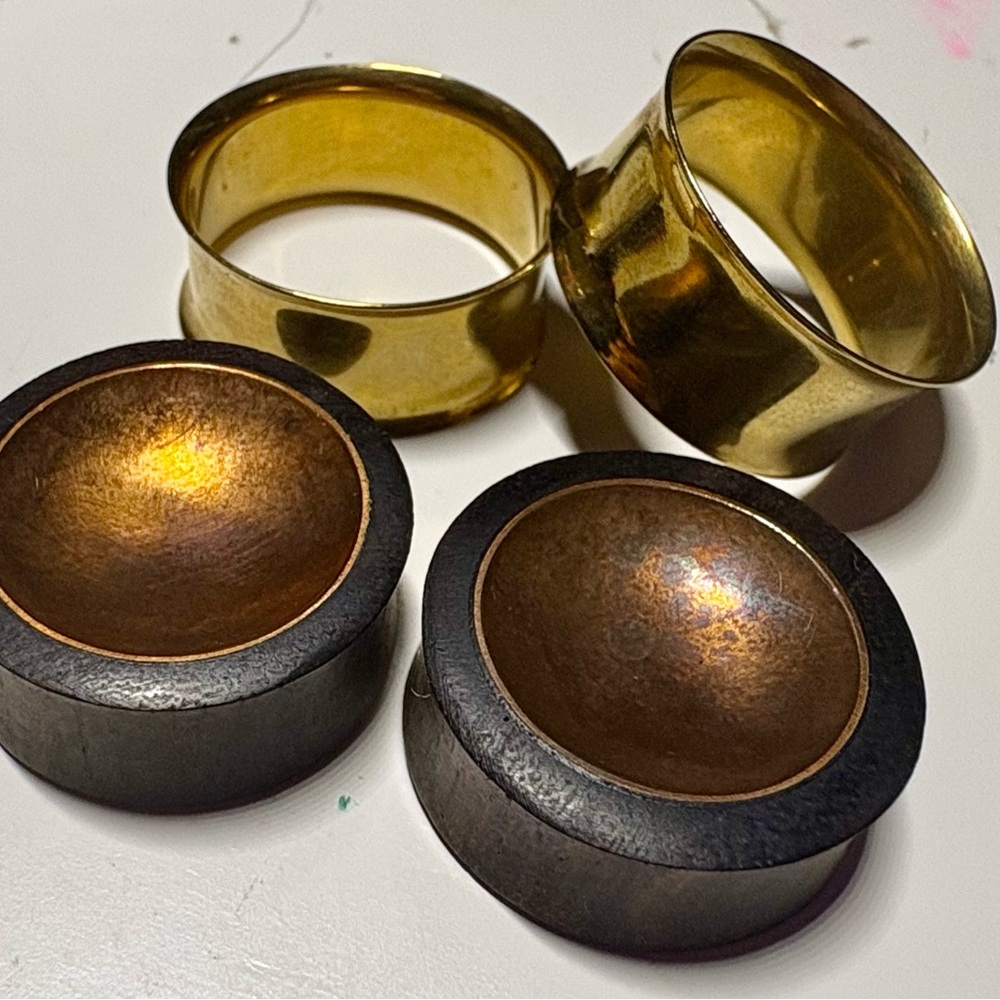 2 wood copper and gold metal plugs gauges 1 inch